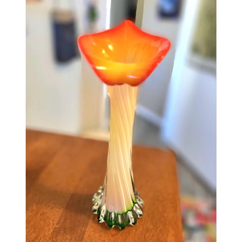 Mid Century Murano Style Blown Glass Art Vase Orange Yellow Jack In The Pulpit